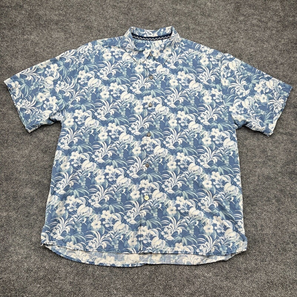 TOMMY BAHAMA Silk Shirt Mens Large Floral Print Short Sleeves Tropical Vacation